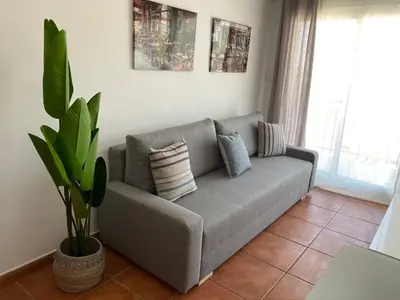 a gray couch in a living room with a plant at Vilamarlux V in Vilassar de Mar