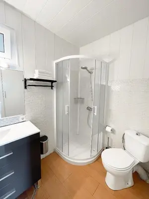 a white bathroom with a shower and a toilet at Loft Ponent, Sant Pol de Mar in San Pol de Mar