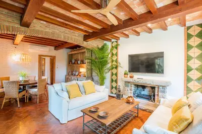a living room with a couch and a fireplace at Villa Can Duarry - Barcelona Country House 1 in Premia de Dalt