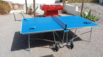 a blue ping pong table with two dolphins on it at Villa Paradise , playa privada a 10 minutos de Sitges in Sant Pere de Ribes