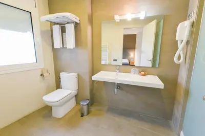 a bathroom with a toilet and a sink and a mirror at Hotel Robert in La Pobla de Claramunt