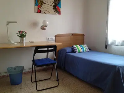 a bedroom with a bed and a desk and a chair at Hostal Carlos III in El Prat de Llobregat