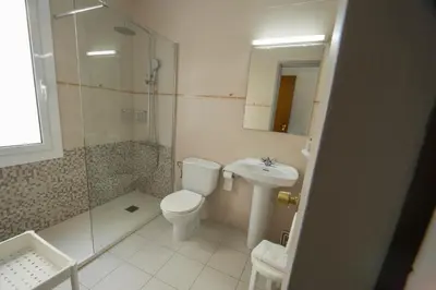 a bathroom with a toilet and a shower and a sink at Turó de L´Home in Santa María de Palautordera
