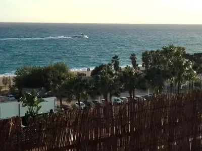 a boat in the ocean with palm trees and a beach at terraza al mar in Pineda de Mar