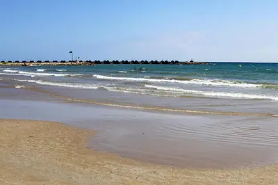 a beach with the ocean and the shoreline at Camping La Rueda in Cubelles