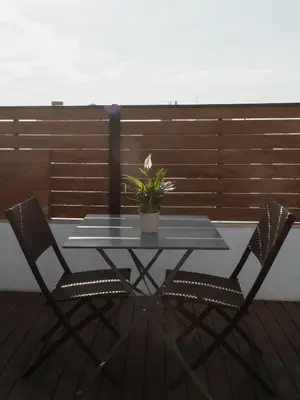 a table with two chairs and a potted plant on a deck at Apartamentos Espai Progres by Be Barcelona in Hospitalet de Llobregat