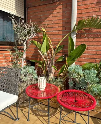 two red tables and chairs on a patio with plants at Casa Cosi - Industria in Barcelona