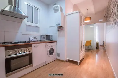 a kitchen with a stove and a washer and dryer at Alcam Montjuic in Barcelona
