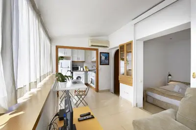 a living room with a couch and a table in a room at Apartamentos Calvet in Barcelona