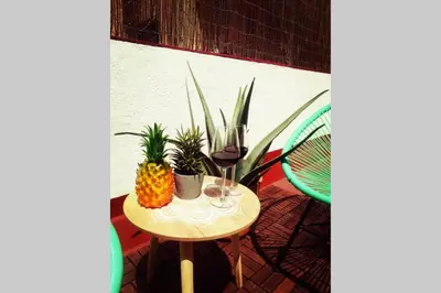 a table with a pineapple and plants on a patio at M2 Cool apartment next to metro. 15m to center in Esplugues de Llobregat
