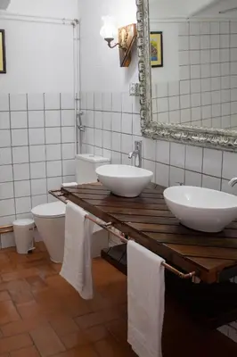 a bathroom with two sinks and a mirror and two toilets at Romegosa Benestar in Sant Marçal