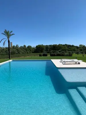 a swimming pool with a sun bed and a palm tree at Bio Resort Mediterráneo in San Martín Sarroca