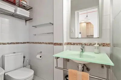 a bathroom with a sink and a toilet and a mirror at Stay U-nique Apartments Hospital Clinic in Barcelona