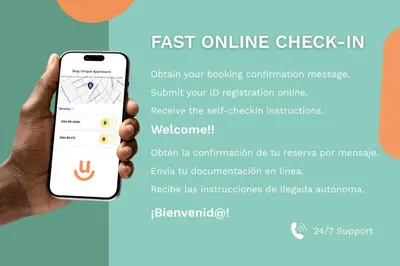 a hand holding an iphone with the fast online check in button at Stay U-nique Apartments Monec in Barcelona