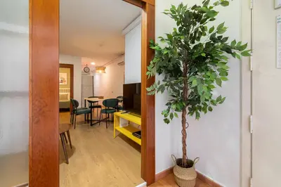 a hallway with a table and a potted tree at Stay U-nique Apartments Passatge de Font in Barcelona