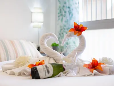 a bed with two towel swans and a bottle of champagne at Matarolux20 in Mataró