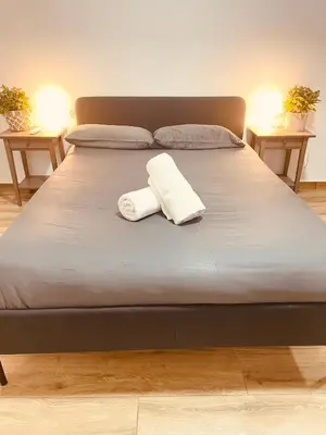 a bed with two towels on top of it at Apartamentos Tarradellas Sants Estació in Barcelona
