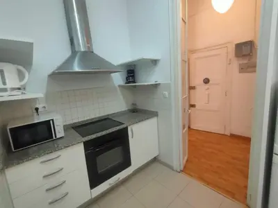 a small kitchen with a stove and a microwave at Esparteria 1 in Barcelona