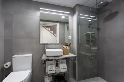 a bathroom with a toilet and a sink and a shower at 8 lacus duplex in Hospitalet de Llobregat