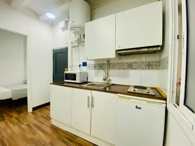 a white kitchen with a sink and a microwave at 08 Apartament lof 3 2 in Barcelona