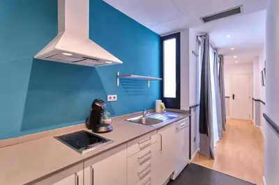 a kitchen with a sink and a blue wall at Liceu Apartments by gaiarooms in Barcelona