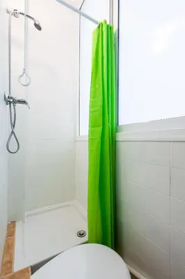 a bathroom with a green shower curtain and a toilet at Sagrada Familia LEPANT in Barcelona