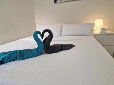 two black swans sitting on a bed at Barcelona 2 Habitaciones in Hospitalet de Llobregat