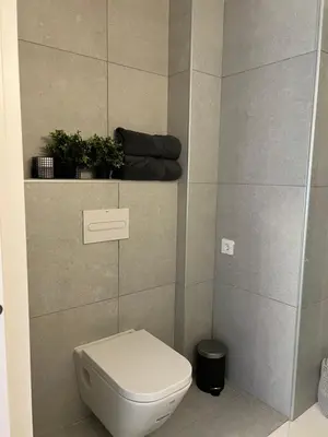 a bathroom with a toilet and a plant on a shelf at Topdown Apartments in Hospitalet de Llobregat