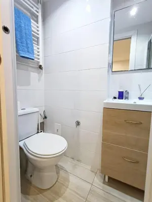 a white bathroom with a toilet and a sink at COLORS FIRA GRAN VIA in Hospitalet de Llobregat