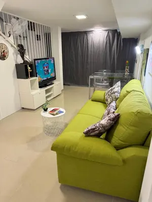a green couch in a living room with a tv at BADAROSA House Badalona next to Barcelona & beach in Badalona