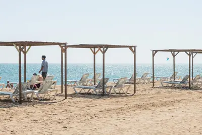 a group of people sitting in chairs on the beach at Beachfront Sunny Apartment , Sea & Mountain View in Castelldefels