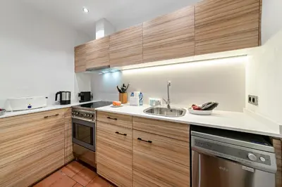 a kitchen with wooden cabinets and a sink at Habitat Apartments Born in Barcelona