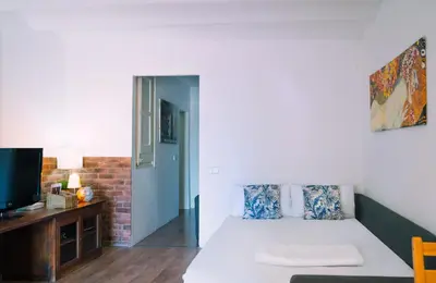 a living room with a bed and a tv at Cozy Place next to Park Güell in Barcelona