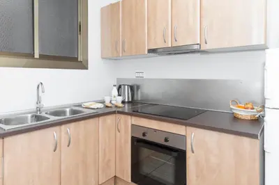 a kitchen with wooden cabinets and a sink at Whatching Sagrada Familia in Barcelona