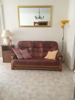 a brown leather couch in a living room with a mirror at Appartement 6 Personnes - L'arboc in Arbós