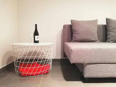 a wine bottle and a wine basket next to a couch at Mazi Apartments Nest in Mataró