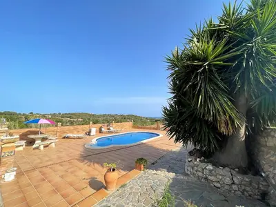 a patio with a swimming pool and a palm tree at Masia St Salvador 1582 in Cubelles