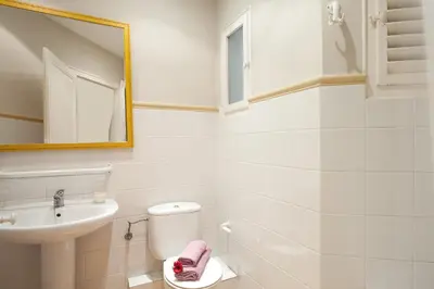 a bathroom with a toilet and a sink and a mirror at Modernist Apartment Barcelona in Barcelona