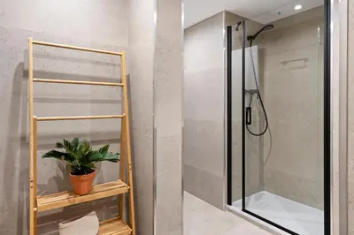 a bathroom with a shower and a potted plant at Lodging Apartments Liceu 11 in Barcelona