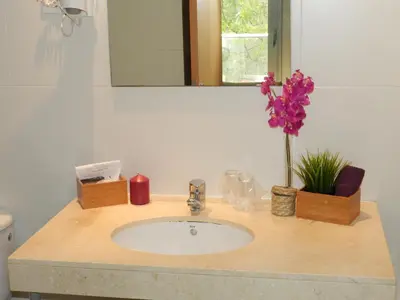 a bathroom sink with a vase of flowers on it at Hotel Travessera in Barcelona