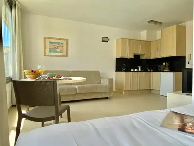a living room with a couch and a table at Atenea Park Suites & Apartments in Vilanova i la Geltrú