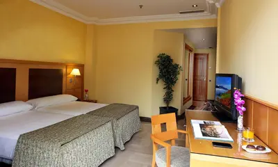 a hotel room with a bed and a desk and a television at Hotel Nouvel in Barcelona