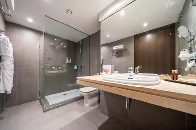 a bathroom with a sink and a shower and a toilet at Hotel Concordia Barcelona in Barcelona