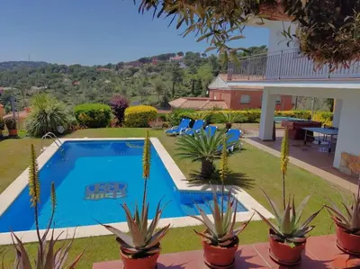 a pool in a yard with potted plants next to a house at VILLA VALENTINA in Mataró