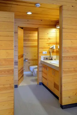 a bathroom with wooden walls and a toilet and a sink at Montanyà in Seva
