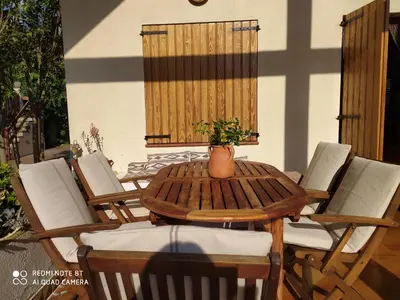 a wooden table and chairs with a potted plant on a patio at Chalet Entre Parques Naturales in Vallgorguina