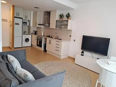 a living room with a couch and a flat screen tv at Precioso loft al lado Parc Vallparadís by Lofties in Terrassa