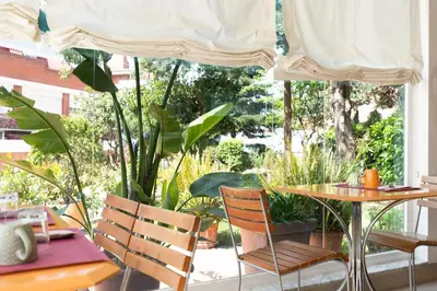 a patio with a table and chairs and plants at PARK SEDO Aparthotel in Rubí