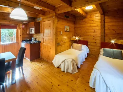a room with two beds in a log cabin at Hotel Somlom - ECO Friendly Montseny in Sant Esteve de Palautordera