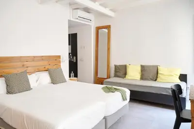a bedroom with a large bed and a couch at Eco Boutique Hostal Grau in Barcelona
